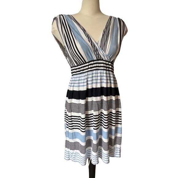 Ann Taylor LOFT Striped Summer Dress Blue Sz Small Shoulder Strappy V Cut - Picture 6 of 7